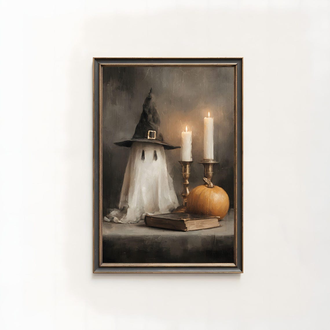 Cute Ghost in Witch Hat with Candles and Pumpkin Fall Art Poster