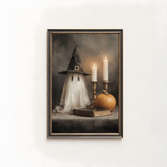 Spooky Halloween Print Vintage Witch Hat Pumpkin Still Life 113