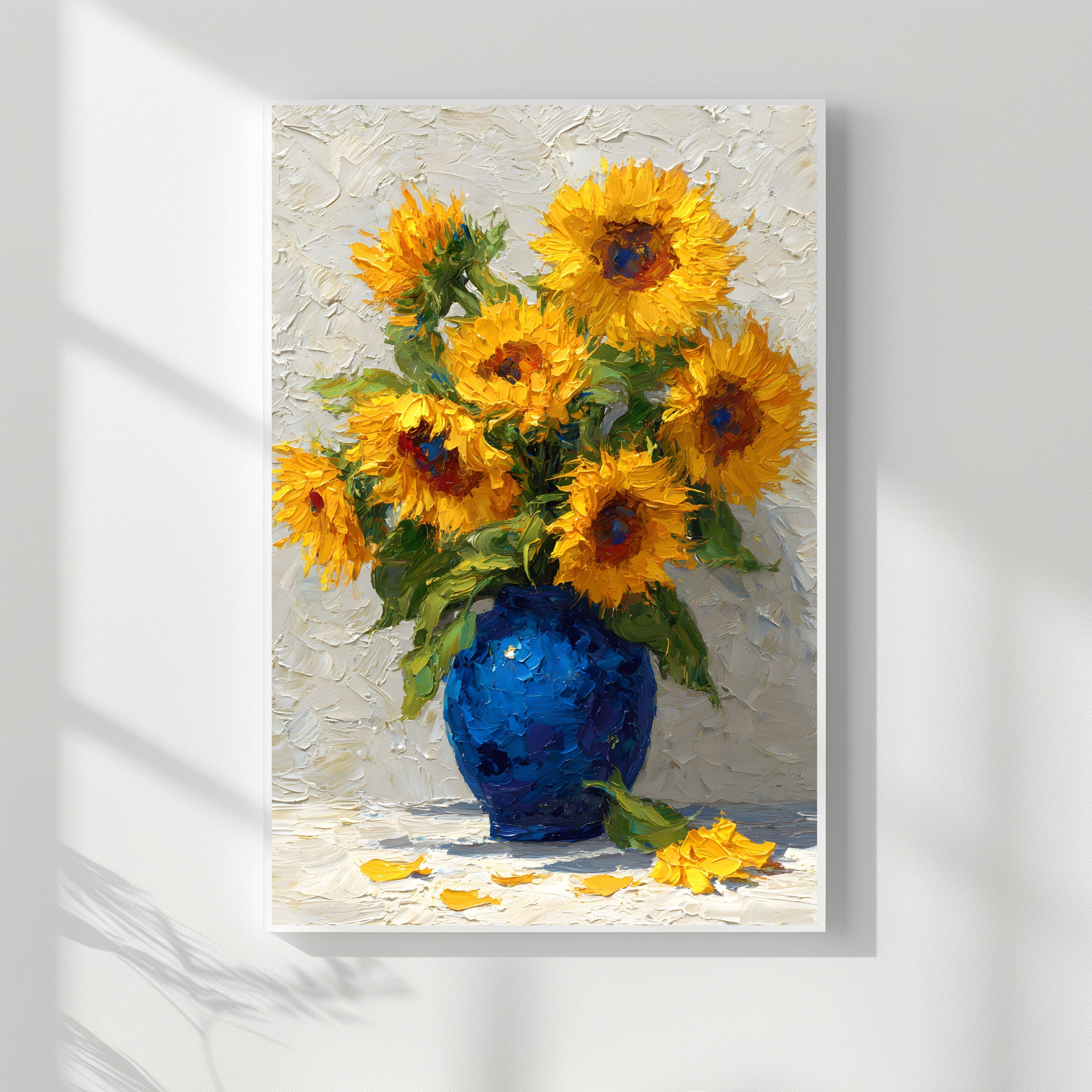 Sunflowers in Blue Vase Impasto Oil Painting Cheerful Floral Print