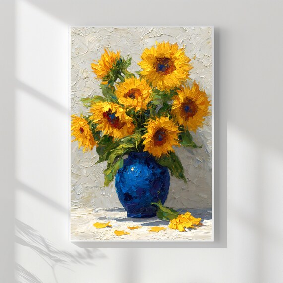 Sunflowers in Blue Vase Impasto Oil Painting Cheerful Floral Print