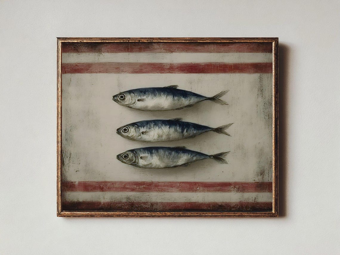 Vintage Three Silver Sardines Still Life Coastal Kitchen Wall Art