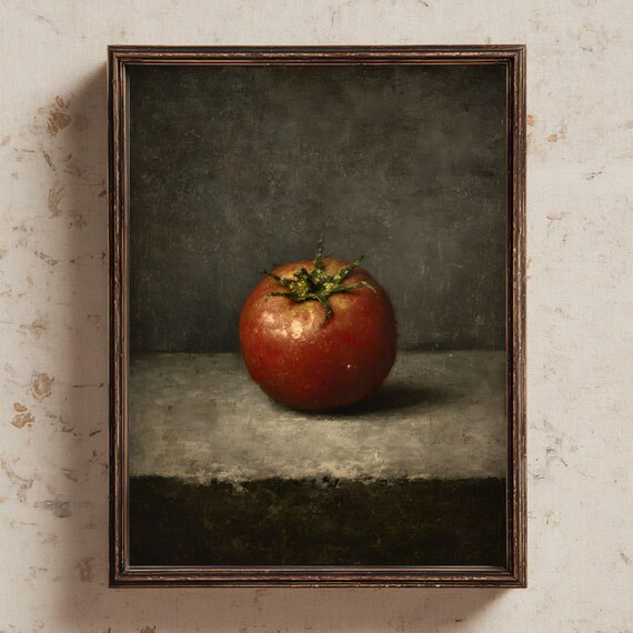 Single Red Tomato Dark Moody Vintage Still Life Oil Painting Poster