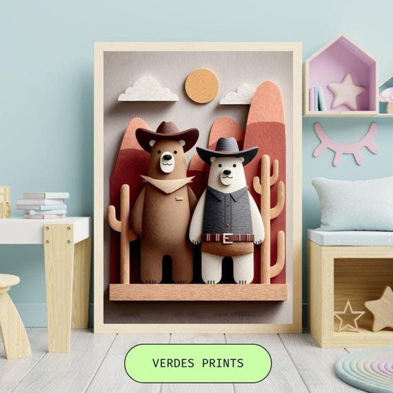 Cowboy Bears Western Print Nursery Decor Boho Kids Wall Art 1226