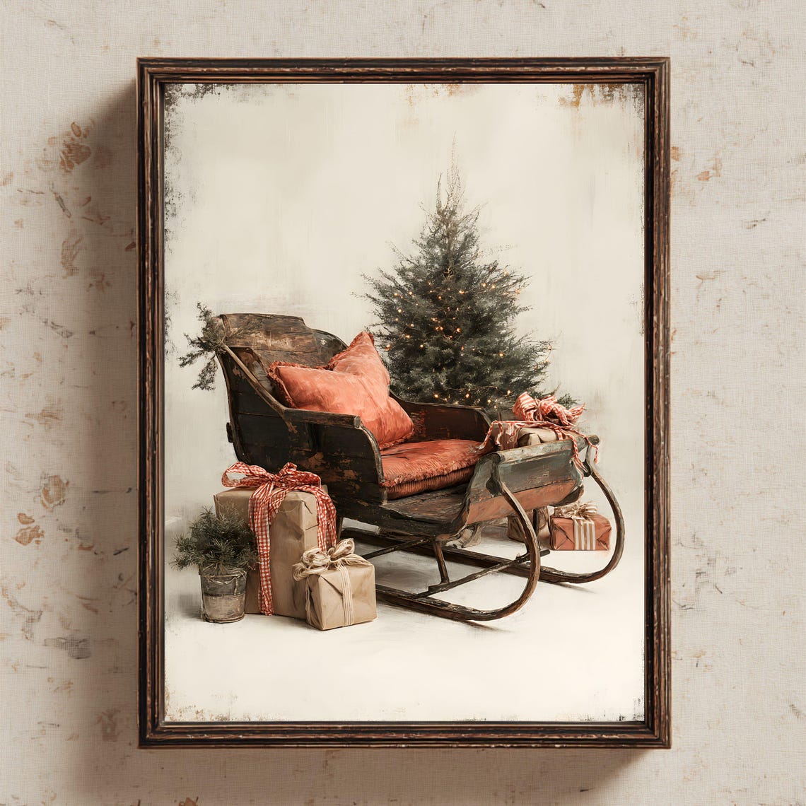 Vintage Christmas Sleigh With Gifts Tree Rustic Farmhouse Holiday Poster