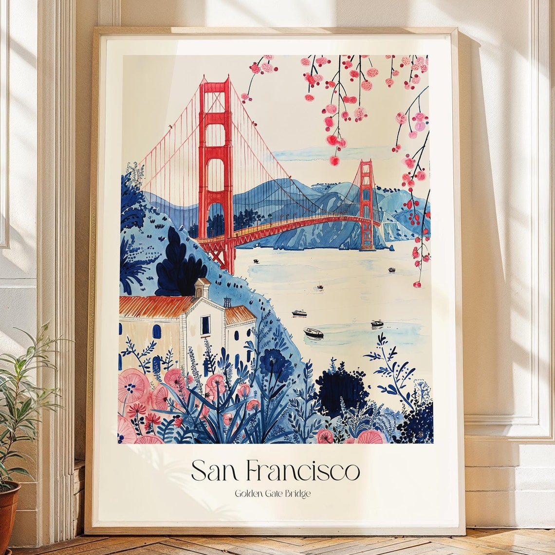 San Francisco Golden Gate Bridge Cherry Blossom Watercolor Art Print