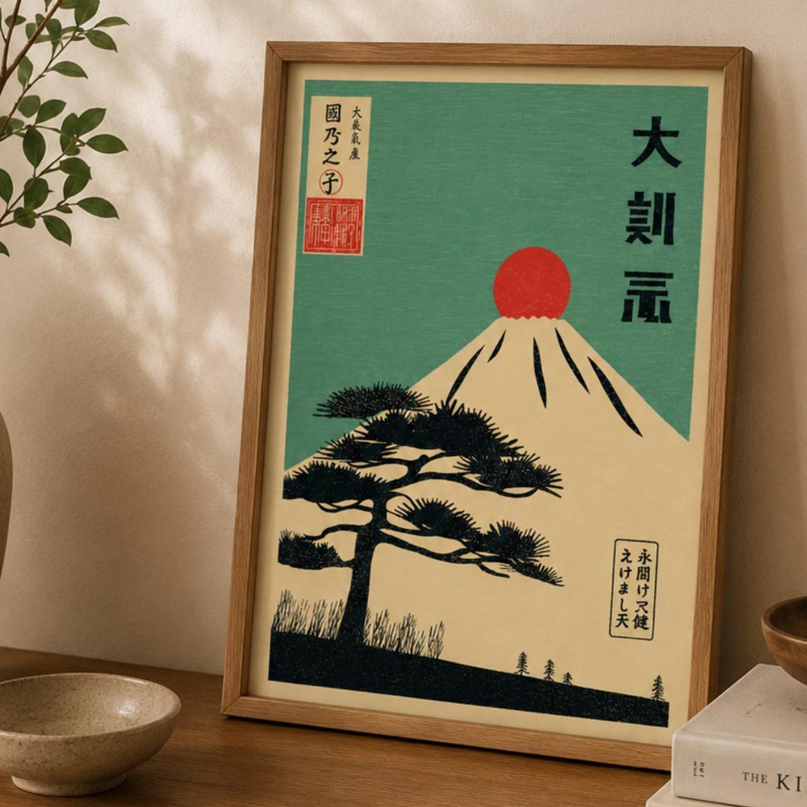Mount Fuji Red Sun Japanese Ukiyoe Poster Pine Tree Vintage Style Art