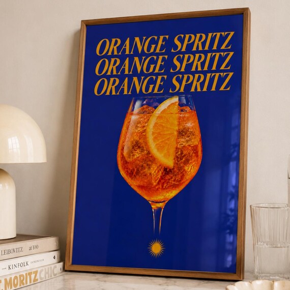 Orange Spritz Cocktail Glass Cobalt Blue Retro Drink Bar Cart Poster