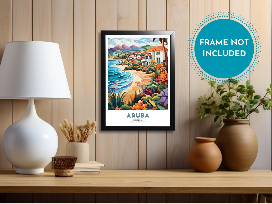 Aruba Caribbean Beach Hillside Houses Tropical Flower Art Poster - Image 4