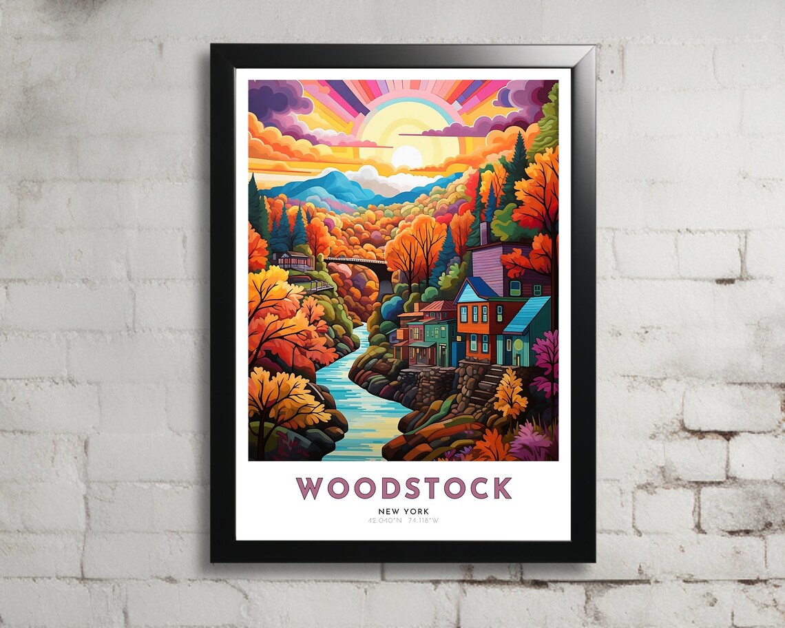 Woodstock New York Autumn River Town Sunrise Hills Travel Poster