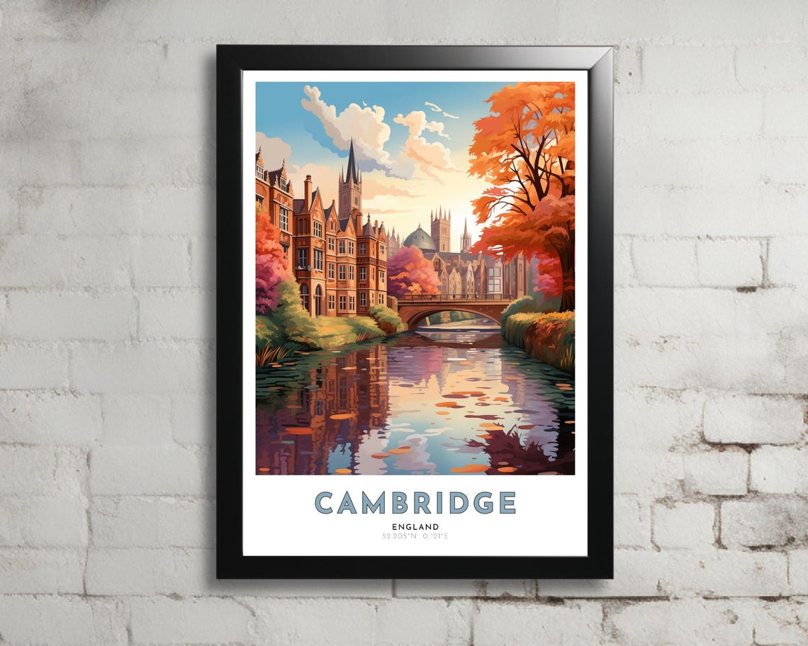 Cambridge Travel Poster Of Uk Art Nouveau Gift For Lover Of Cambridge Uk Wall Art Decor Of East Anglia Painting