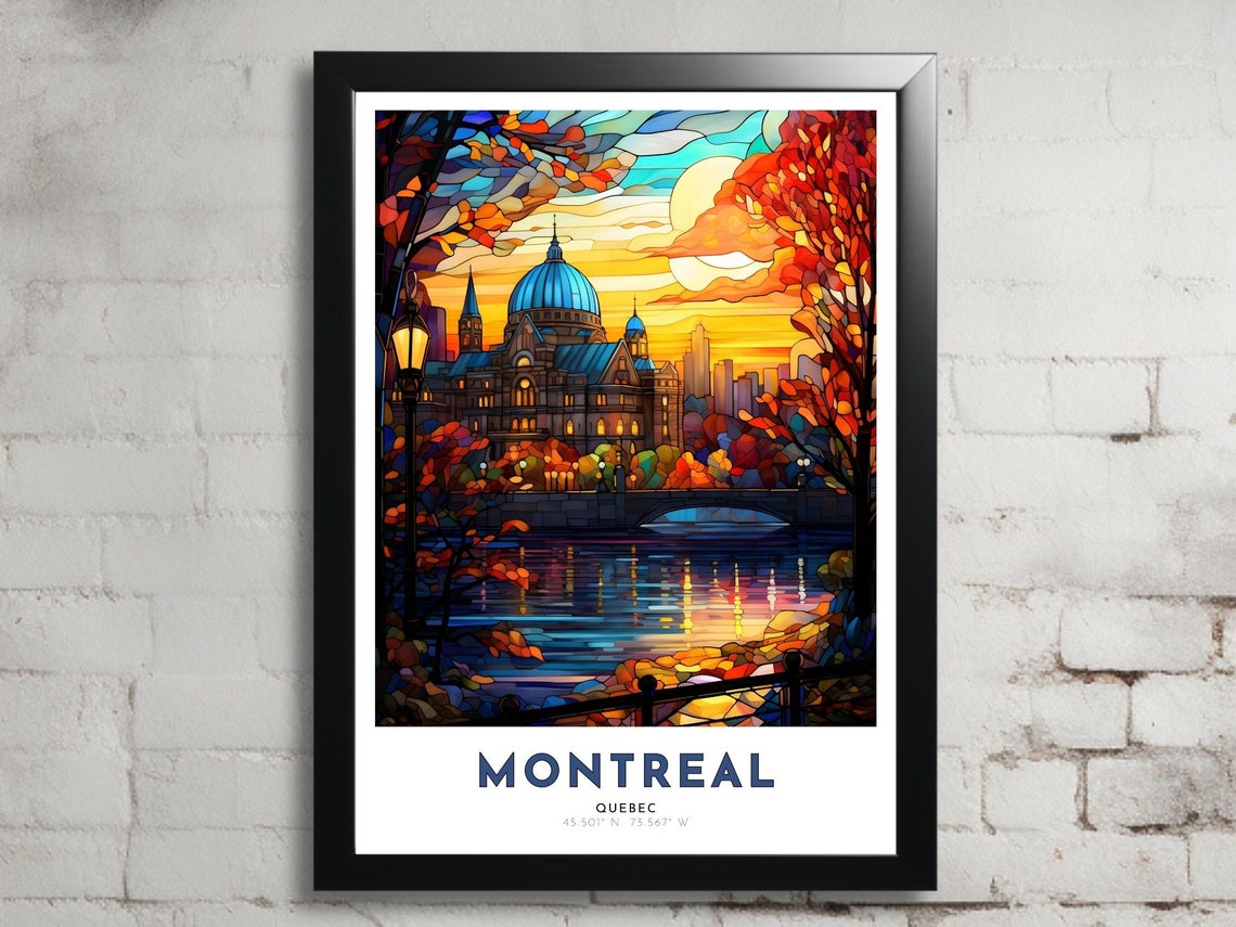 Montreal Quebec Stained Glass Cathedral Sunset River Scene Poster