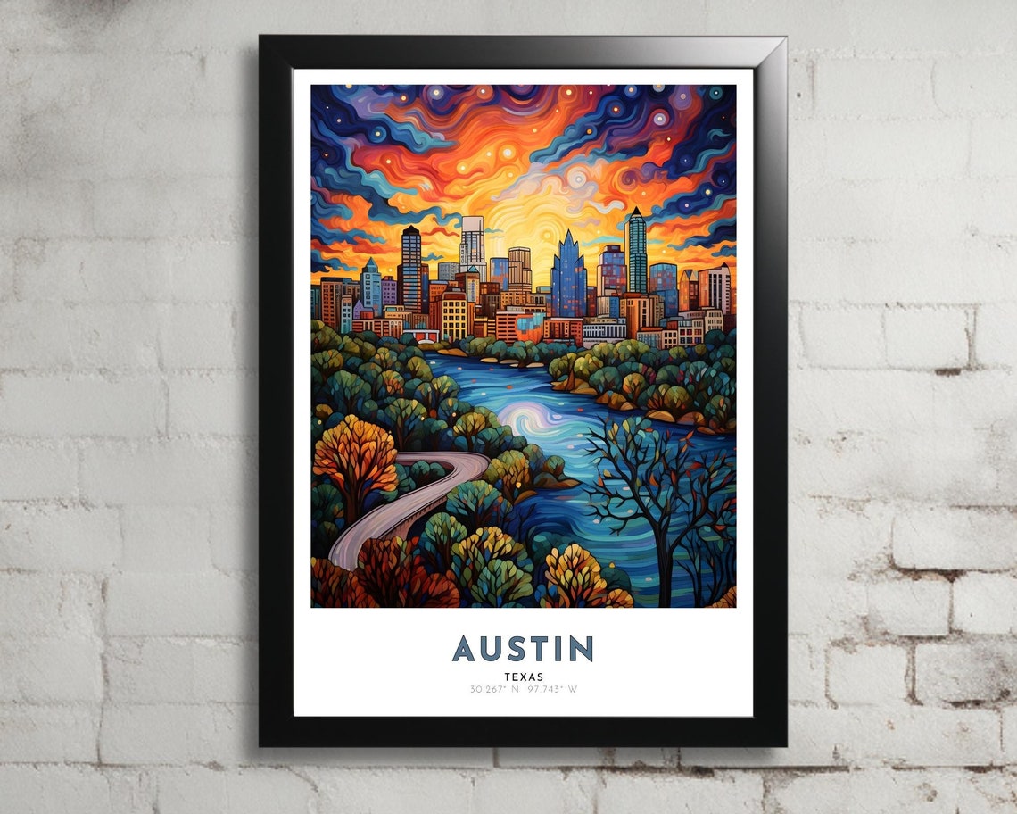 Austin Texas Skyline Sunset River Swirling Sky Travel Poster