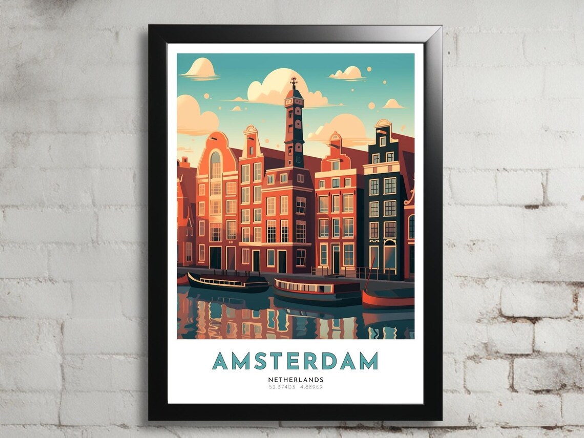 Amsterdam Netherlands Canal Houses Boats Vintage Travel Poster