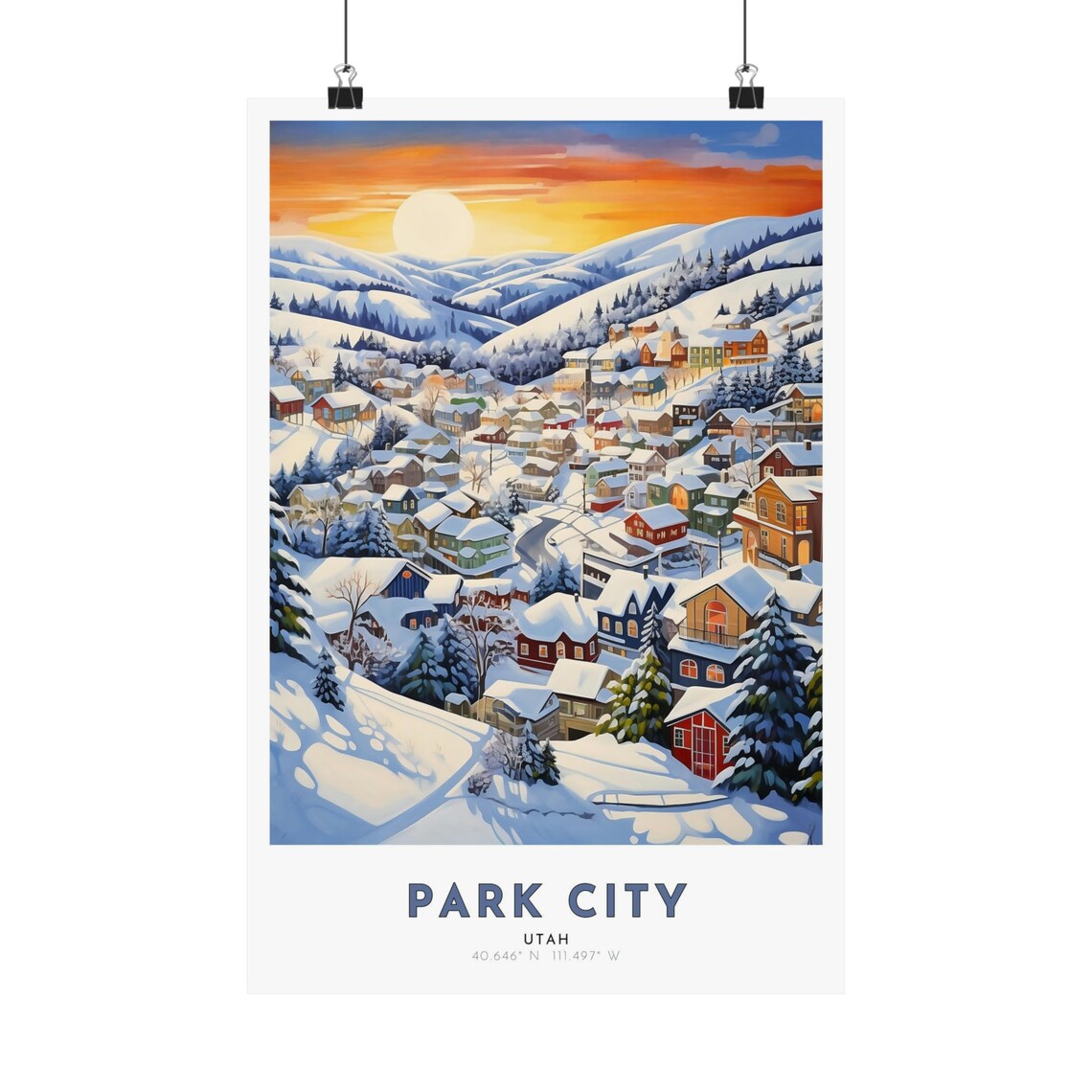 Park City Utah Snowy Mountain Village Sunrise Scene Travel Poster - Image 2