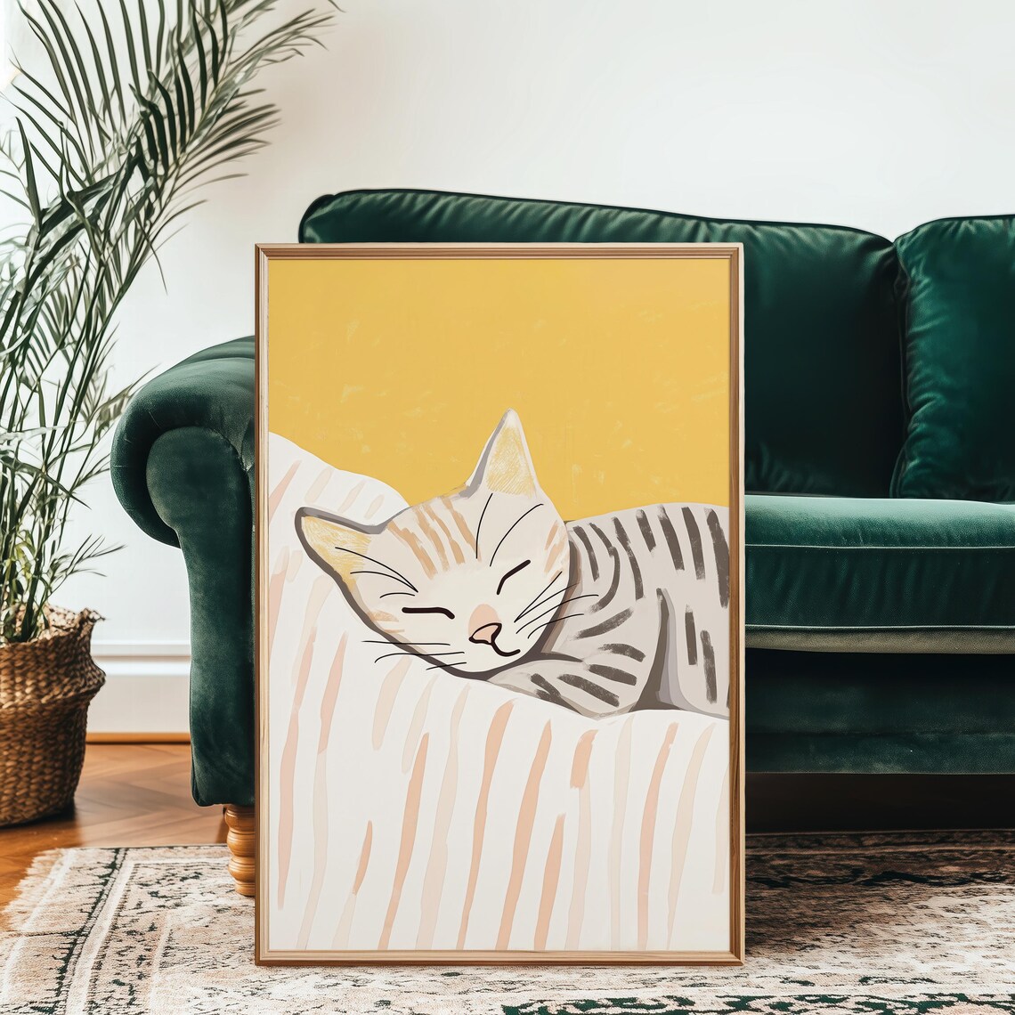 Grey Tabby Cat Sleeping On Sunny White Bedding Peaceful Art Poster - Image 2