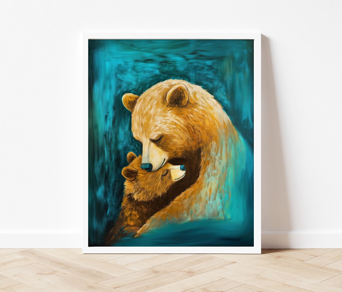 Tender Mama Bear Embracing Her Cub on Deep Teal Background Poster - Image 2