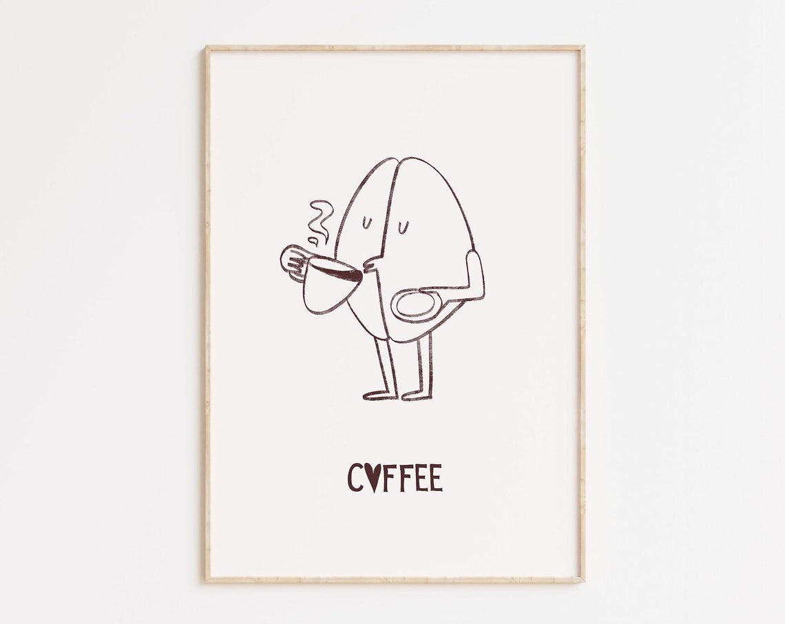 Cute Coffee Bean Character Holding Cup Minimal Hand Drawn Poster