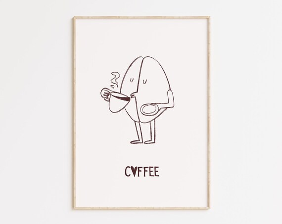 Cute Coffee Bean Character Holding Cup Minimal Hand Drawn Poster