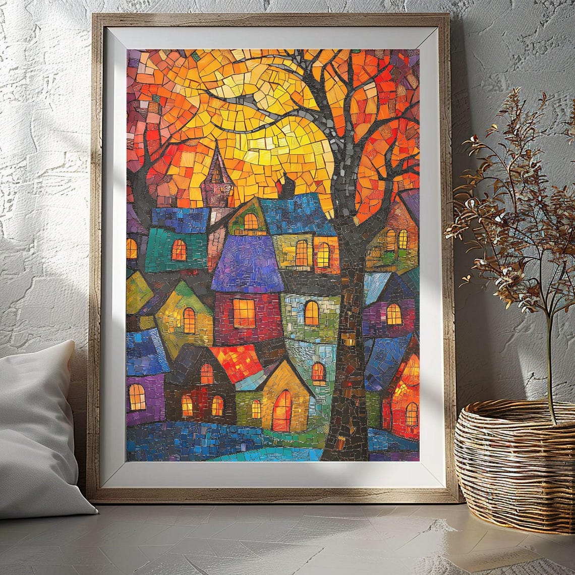 Glowing Mosaic Village Houses Under a Fiery Sunset Sky Poster