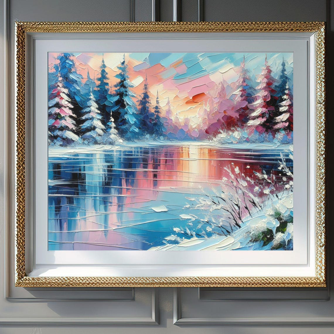 Serene Frozen Lake Winter Sunset Colorful Pine Reflections Poster