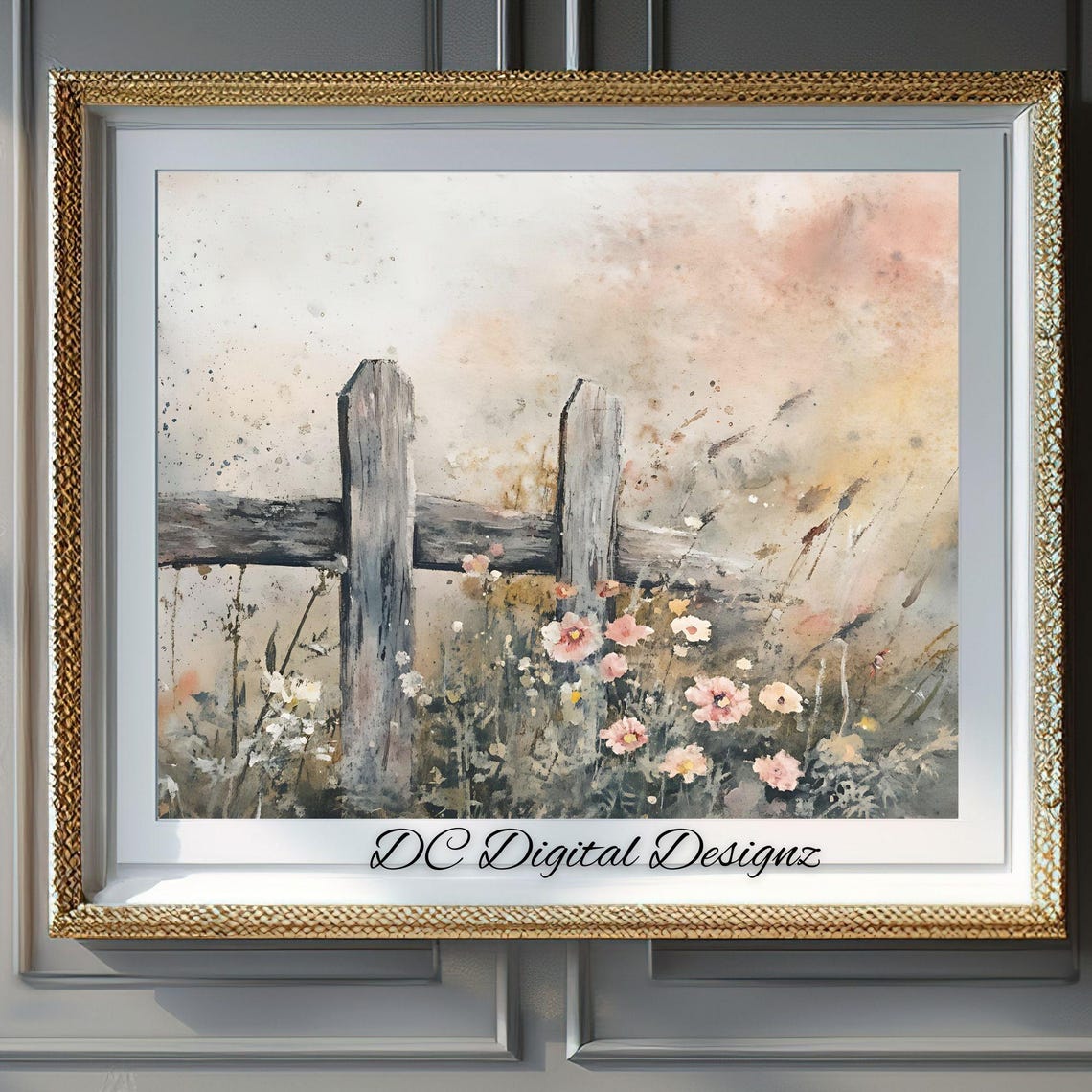 Wildflower Watercolor Rustic Fence Soft Pink Meadow Flowers Poster