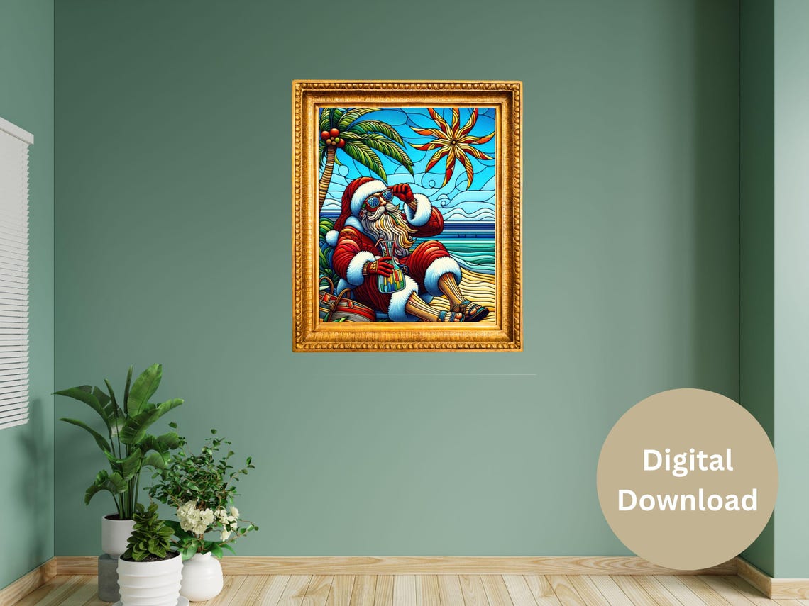 Santa Claus Relaxing On Tropical Beach Stained Glass Summer Poster - Image 2