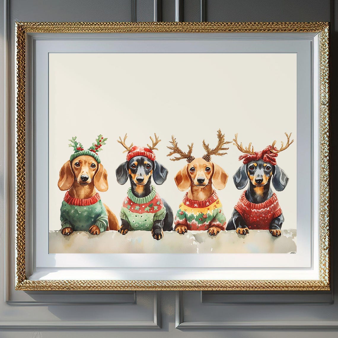 Four Dachshund Puppies Christmas Sweaters Antlers Peeking Poster