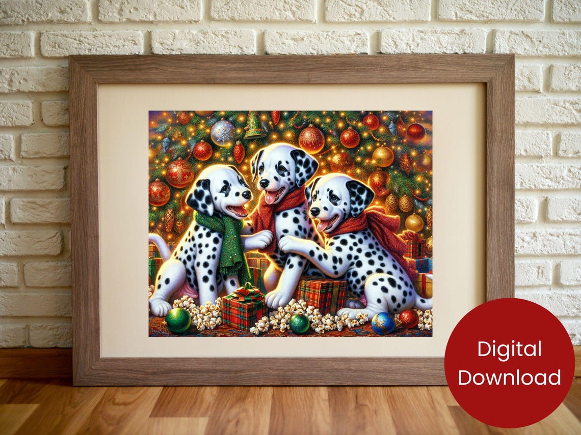 Three Dalmatian Puppies Christmas Tree Gifts Festive Holiday Poster