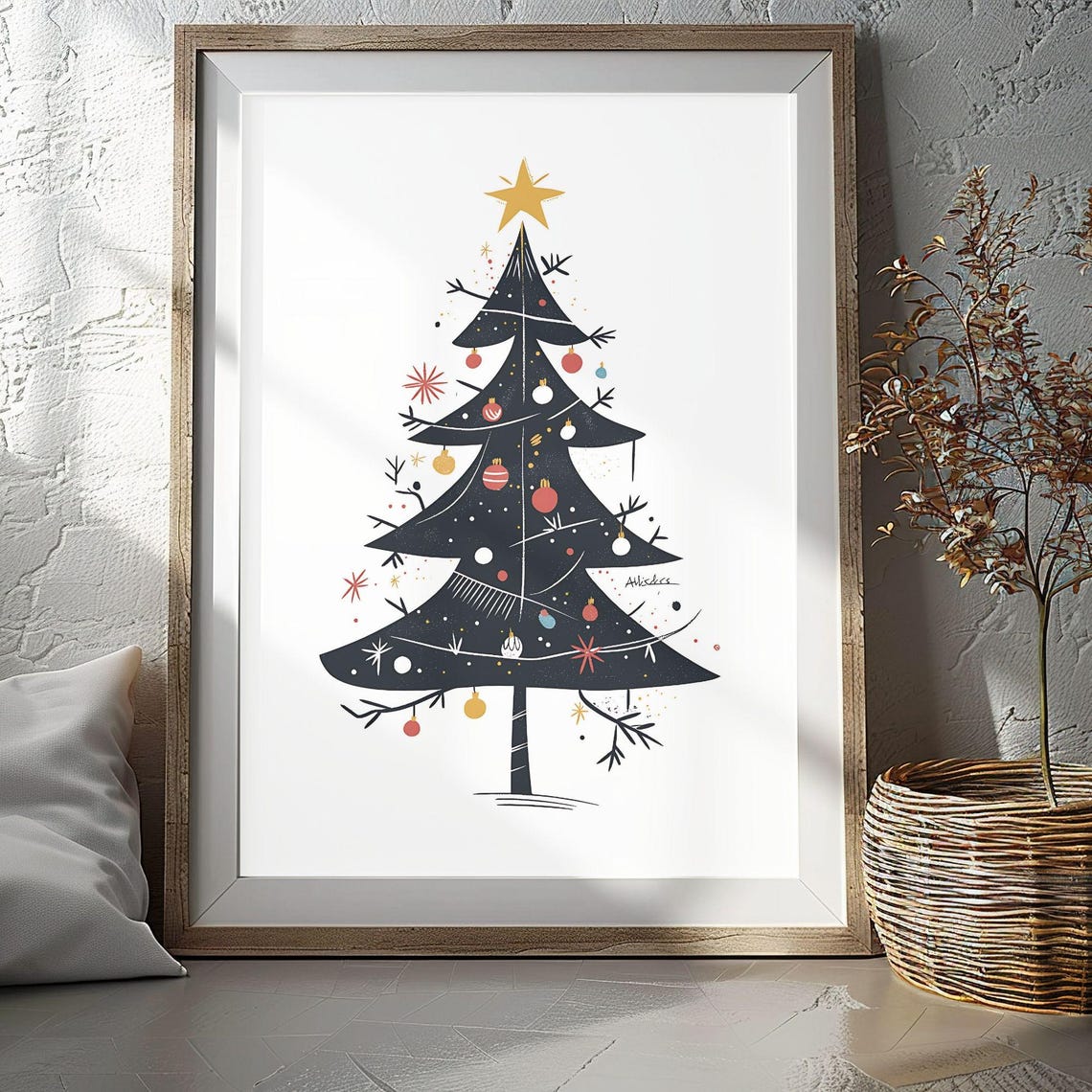 Mid Century Modern Black Christmas Tree Ornaments Star Poster