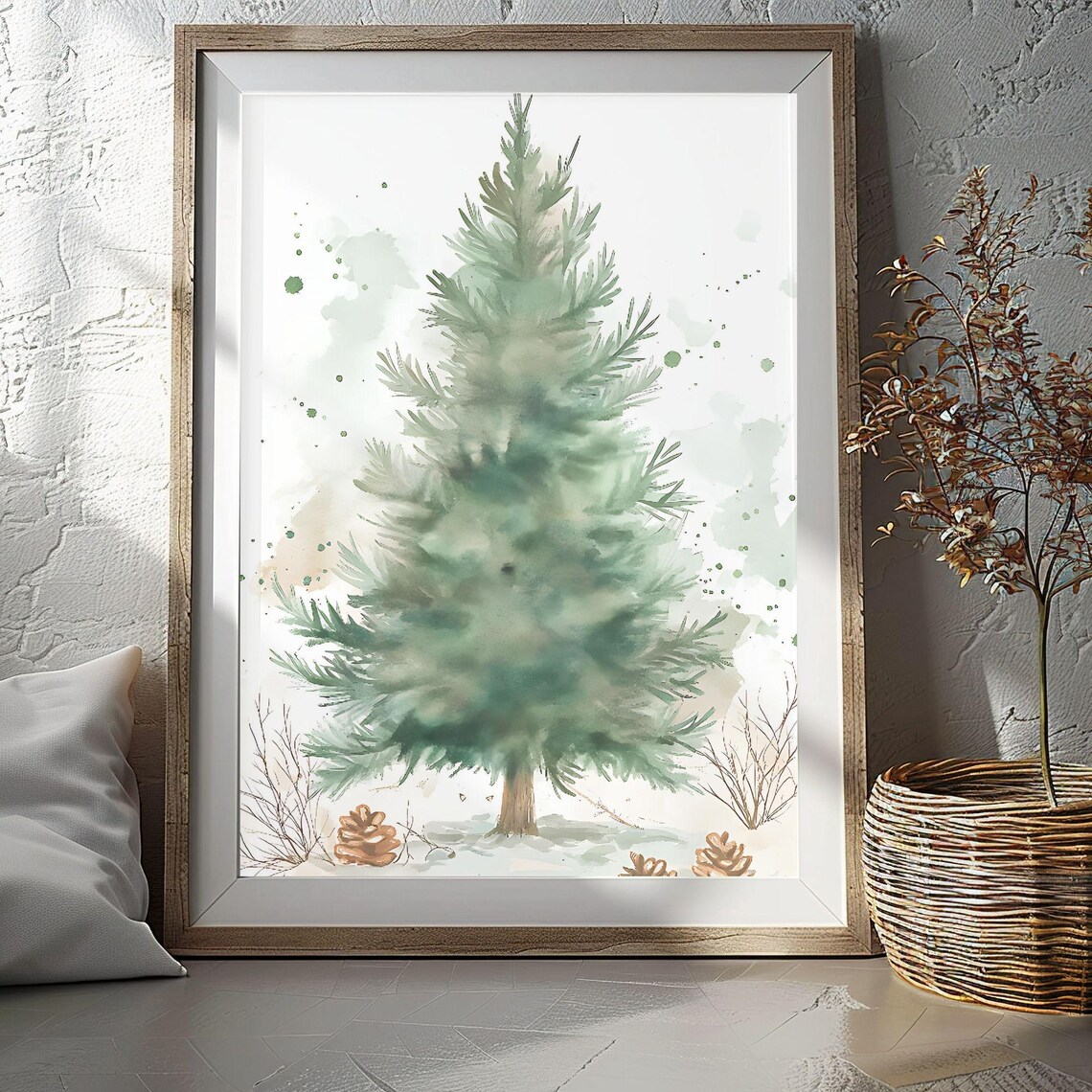 Rustic Watercolor Christmas Tree Art, Holiday Decor