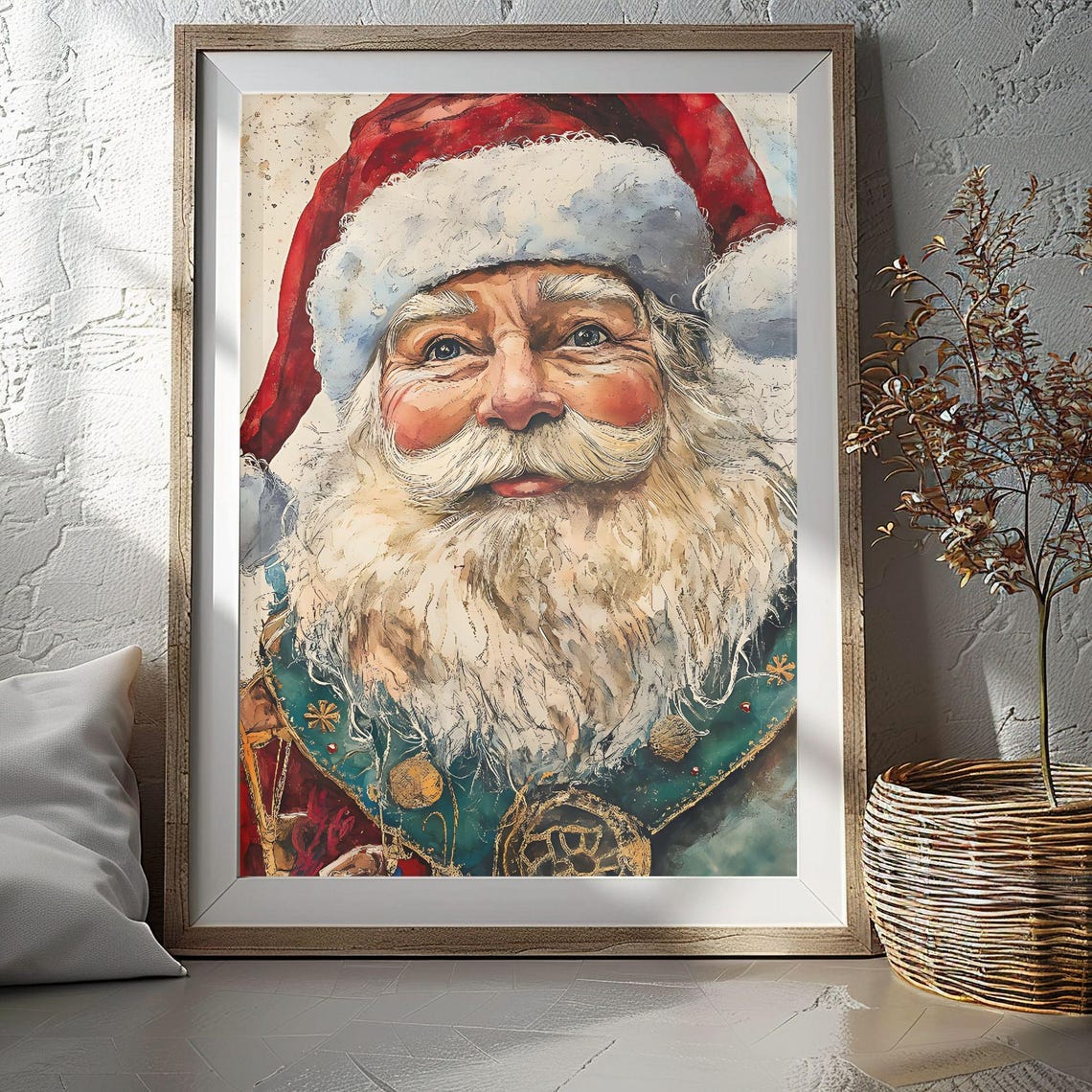 Santa Claus Face Close Up Watercolor Portrait Red Hat Poster