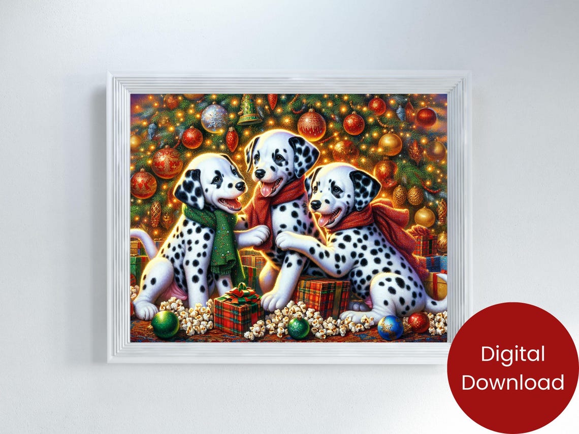 Three Dalmatian Puppies Christmas Tree Gifts Festive Holiday Poster - Image 2