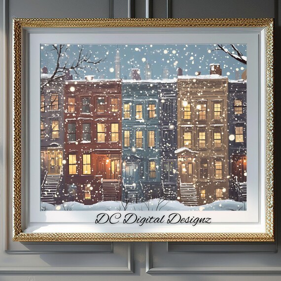 Snowy Brownstone Row Glowing Windows Falling Snow City Poster