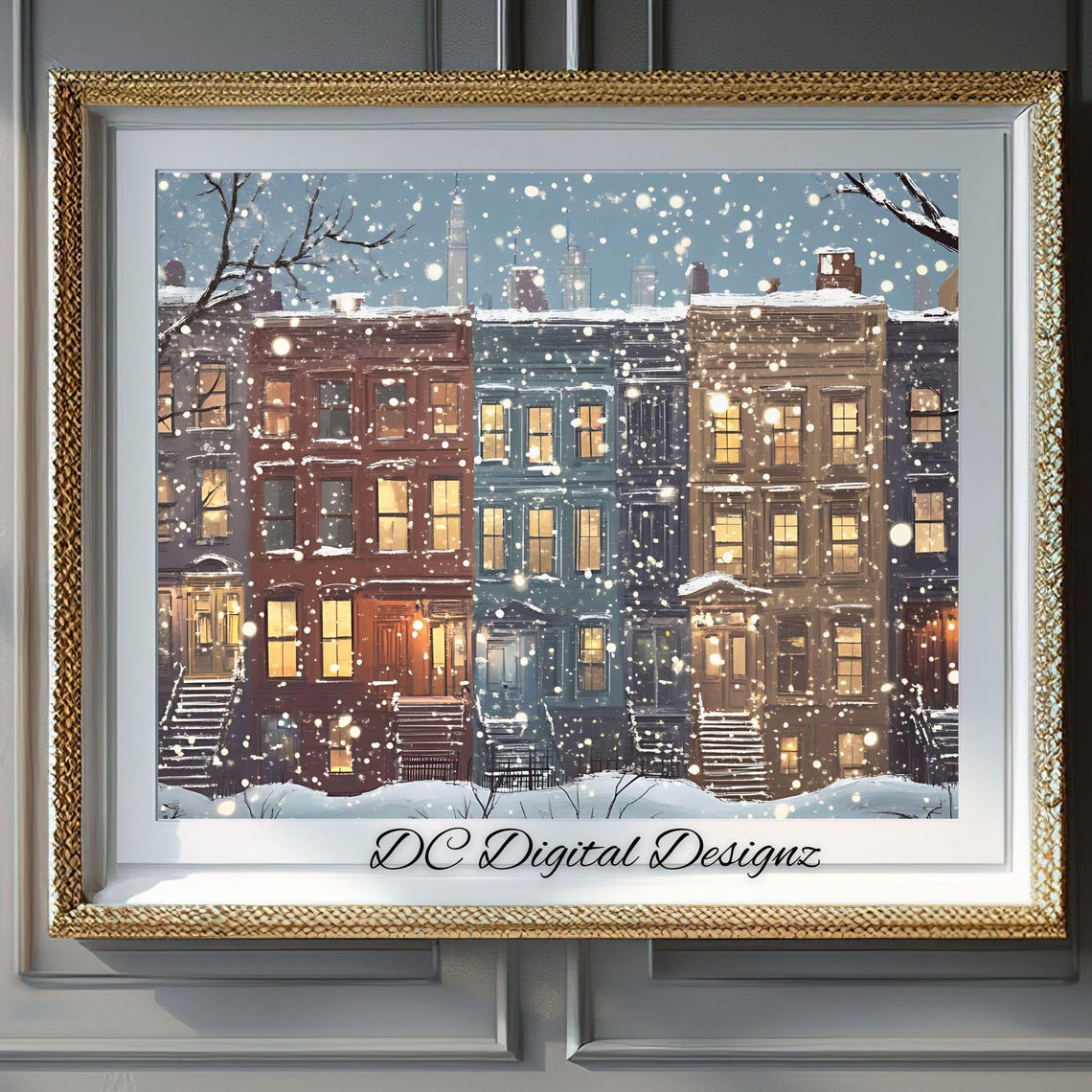 Snowy Brownstone Row Glowing Windows Falling Snow City Poster