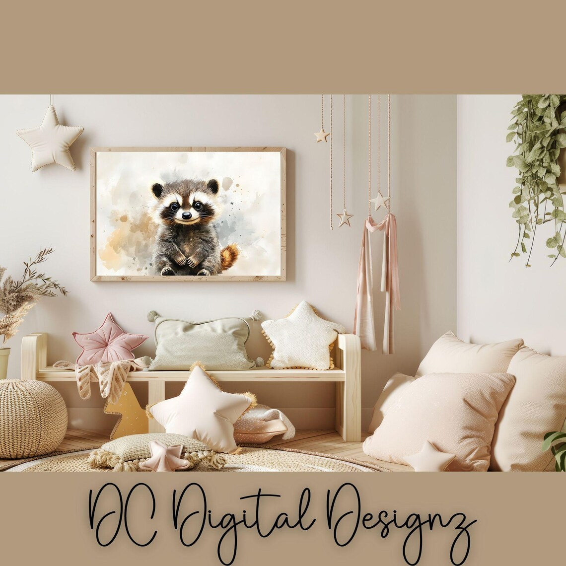 Baby Raccoon Watercolor Portrait Nursery Woodland Animal Poster