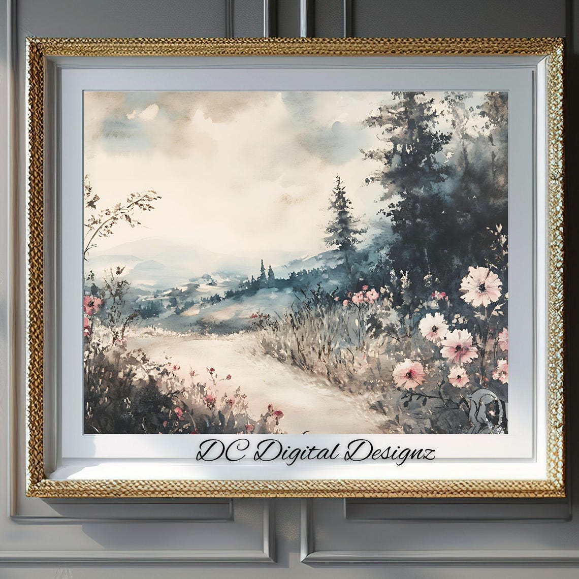 Misty Mountain Valley Winding Trail Pines Watercolor Scenic Poster