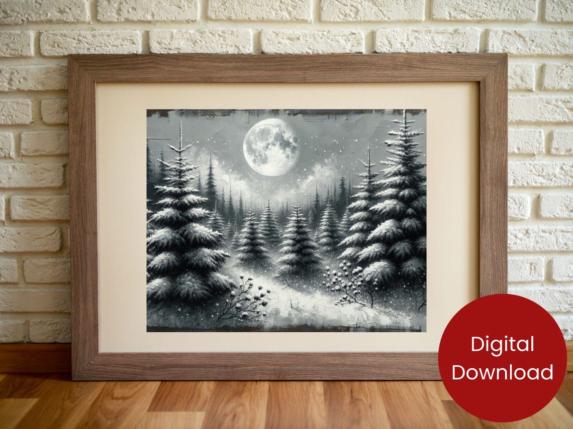 Full Moon Snowy Pine Forest Night Black White Winter Art Poster