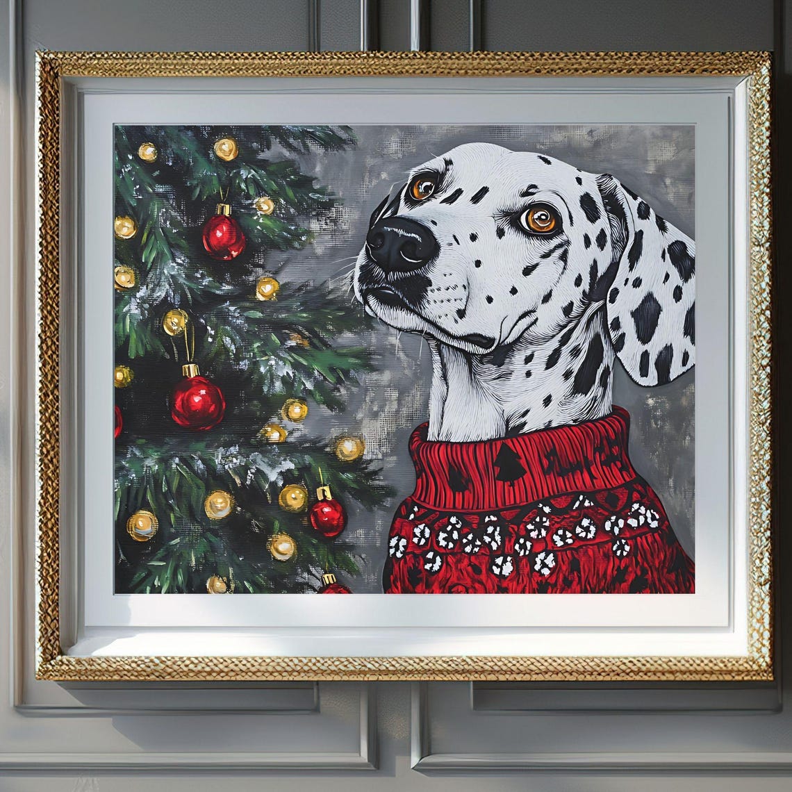 Dalmatian Red Christmas Sweater Snowy Tree Cozy Holiday Poster