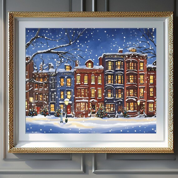 Snowy Brownstone Street Night Lamppost Christmas Lights Poster