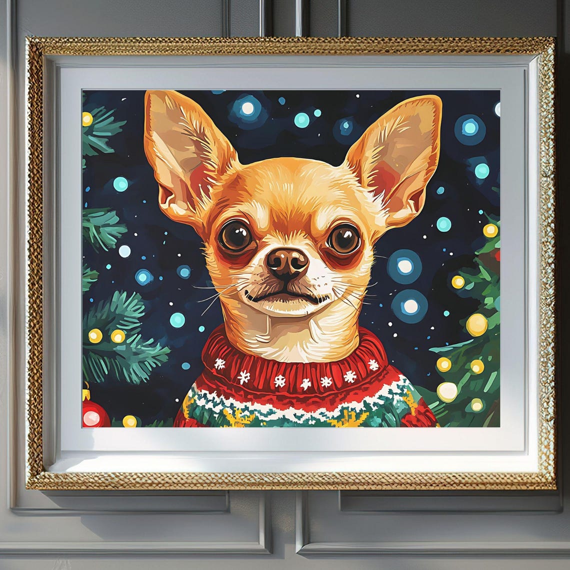 Chihuahua Red Christmas Sweater Night Bokeh Festive Portrait Poster