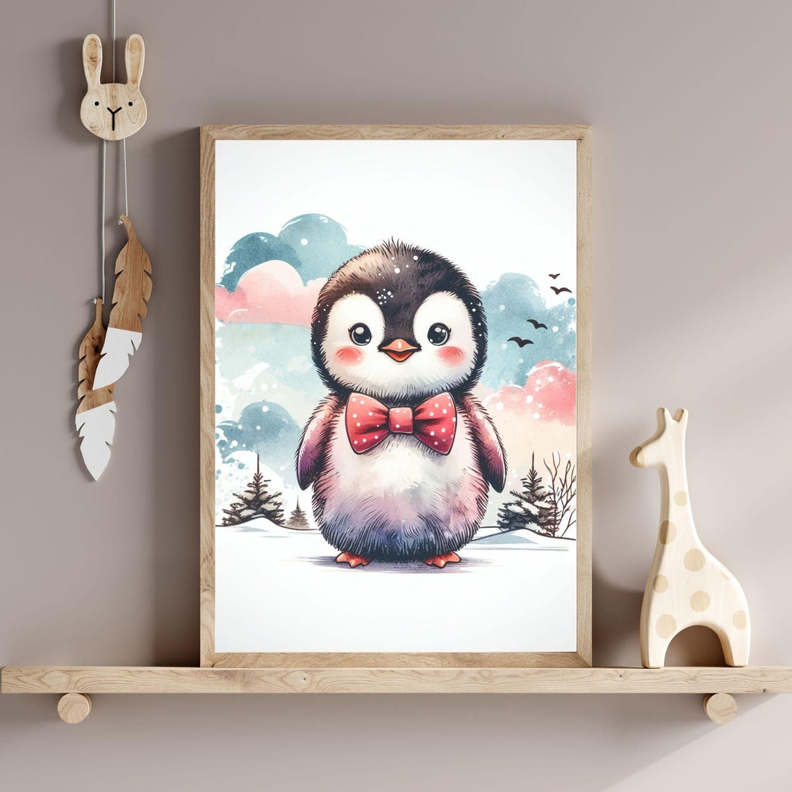 Cute Penguin Pink Bow Tie Snowy Winter Landscape Nursery Poster