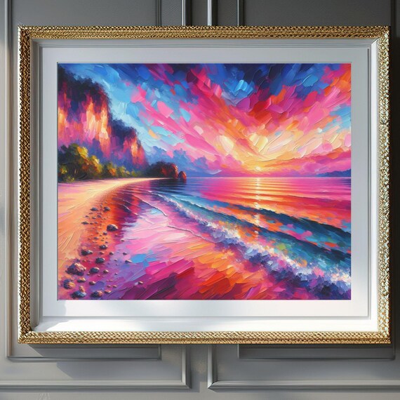 Vivid Pink Sunset Beach Ocean Waves Colorful Acrylic Painting Poster