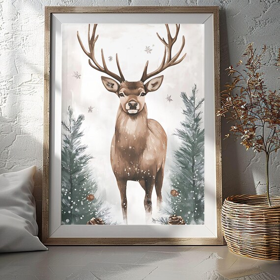 Standing Stag Between Snowy Pine Trees in a Winter Forest Poster
