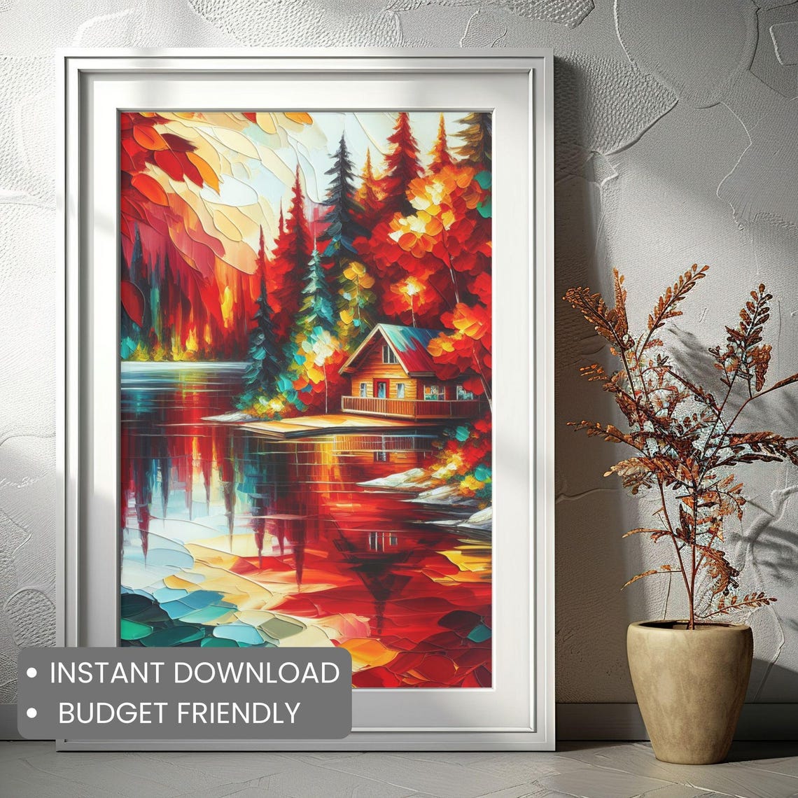Autumn Lakeside Cabin Red Fall Foliage Lake Reflection Poster - Image 2
