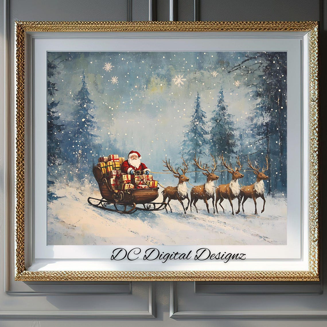 Santa Claus Sleigh with Four Reindeer Watercolor Winter Poster