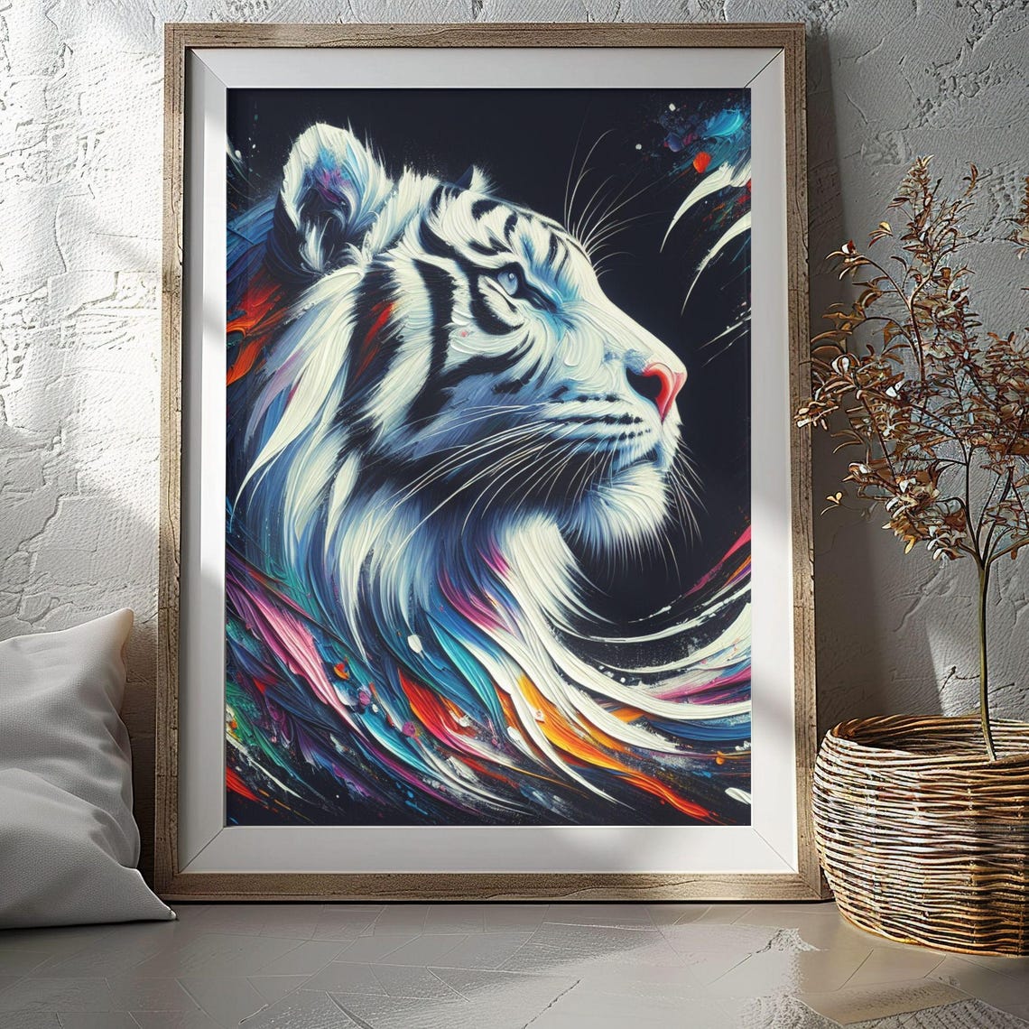 White Tiger Colorful Neon Acrylic Portrait Wildlife Art Poster