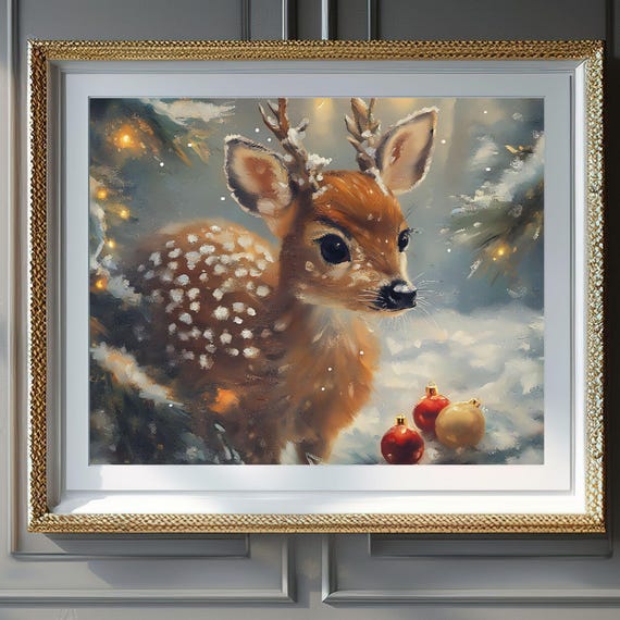 Christmas Wall Art Baby Deer Art Woodland Nursery Wall Art Cute Deer Forest Animal Decor Instant
