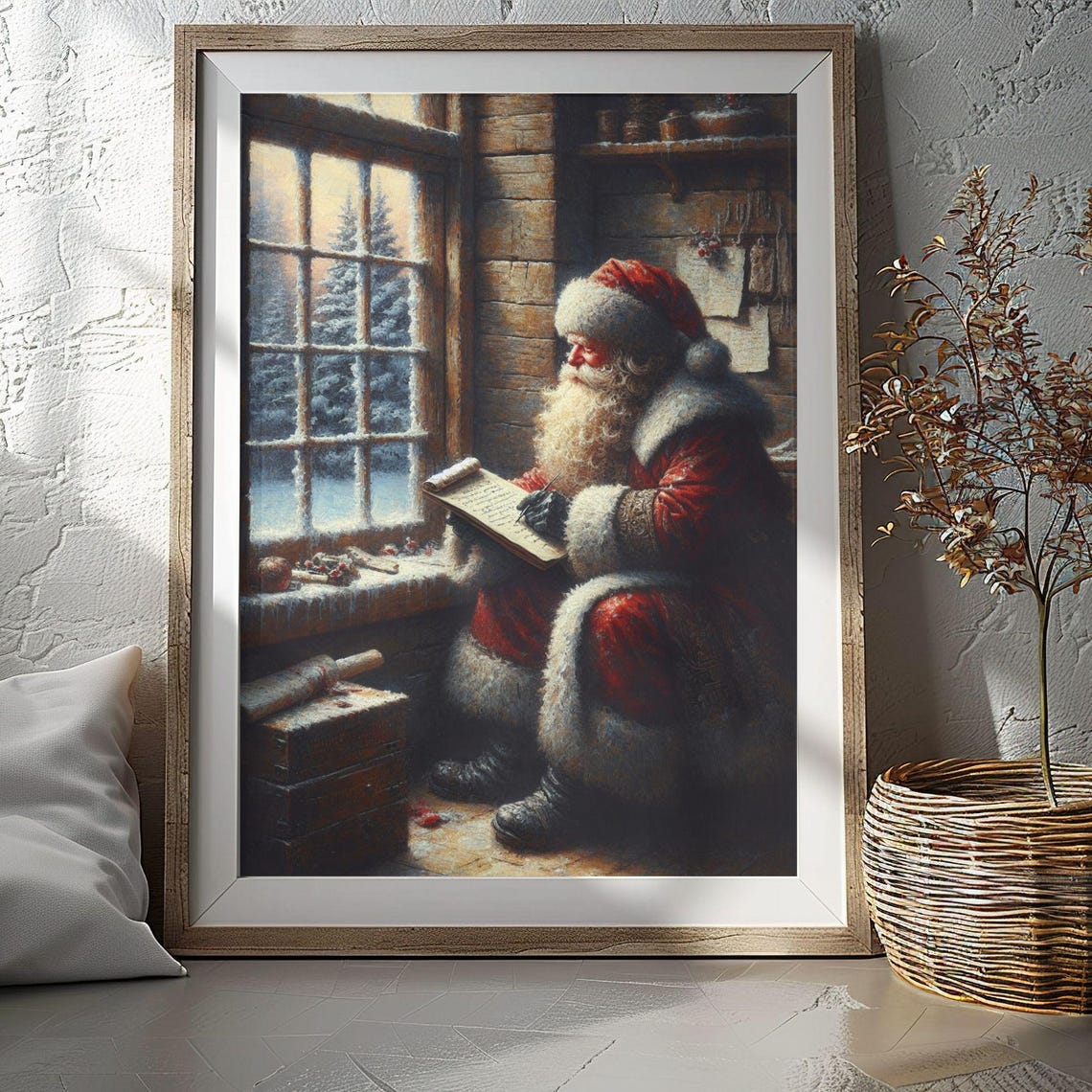 Santa Claus Reading His Christmas List Frosty Window Winter Poster