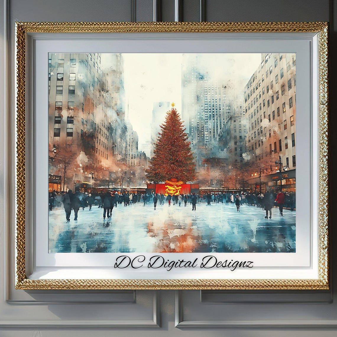 Snowy New York Plaza with Red Christmas Tree Watercolor Winter Poster