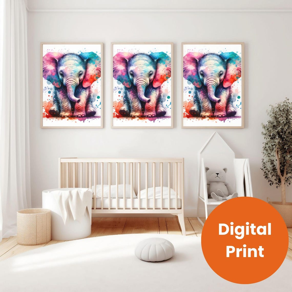 Rainbow Watercolor Baby Elephant Nursery Animal Wall Decor Poster - Image 3